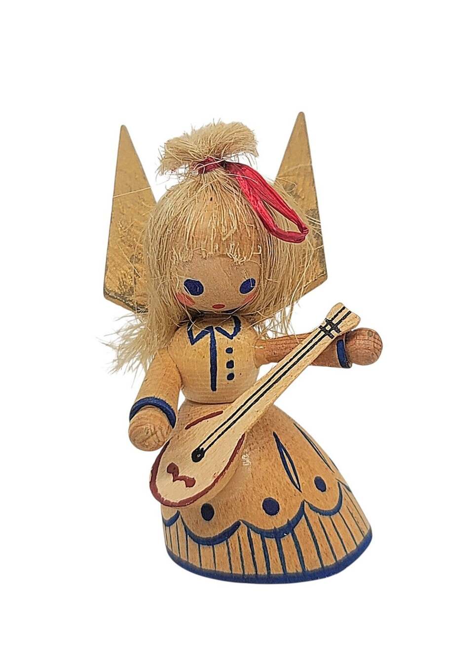 Vintage Italy Wooden Angel Slate Blue Playing Lute Christmas Ornament 3" CL19